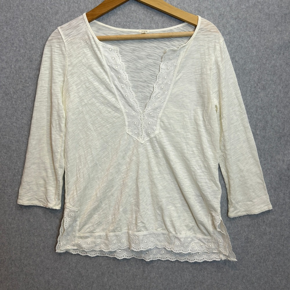 J.Crew Size XS Top Ivory Eyelet Lace Trim Cottage Romantic Cotton Slub V-Neck